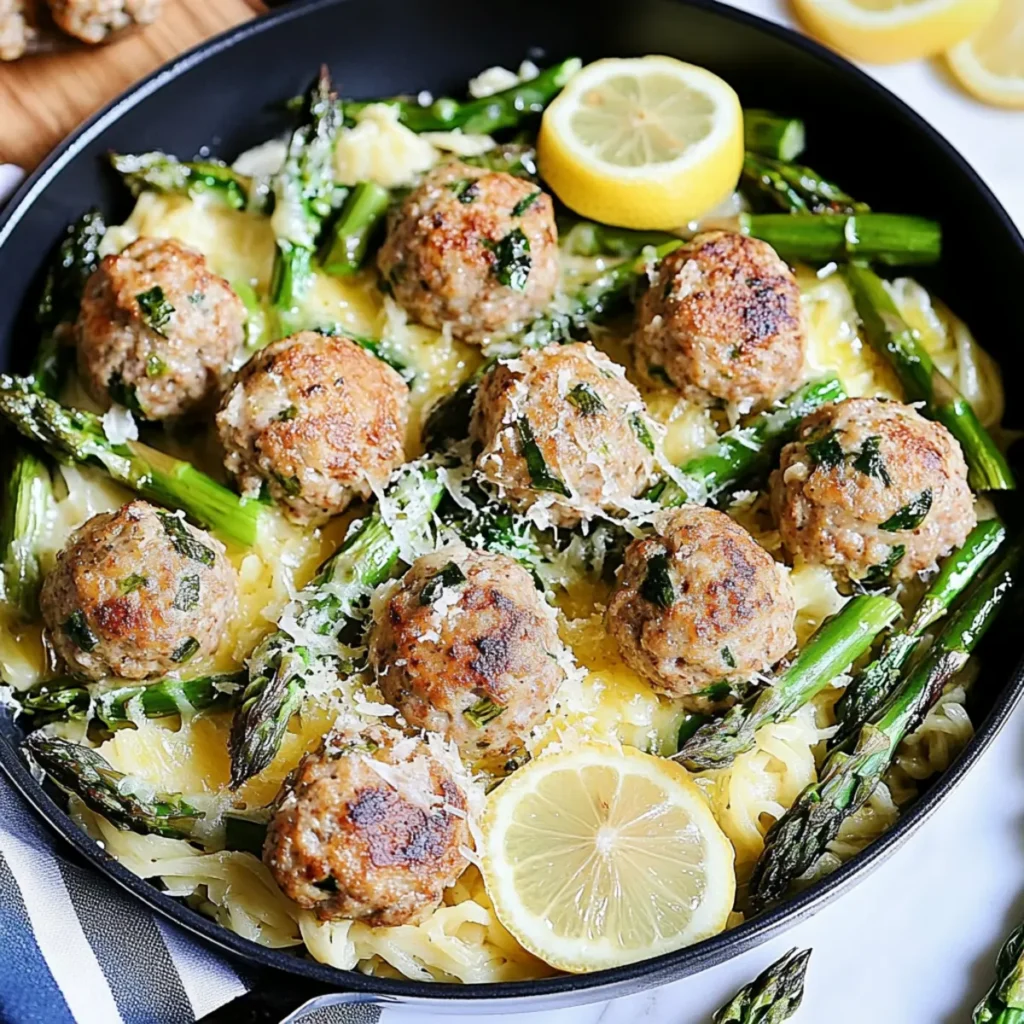 Cheesy Turkey Meatballs with Lemon Garlic Asparagus