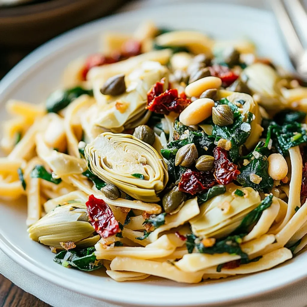 Italian Pasta with Spinach, Artichokes, Sun Dried Tomatoes, Capers, and Pine Nuts