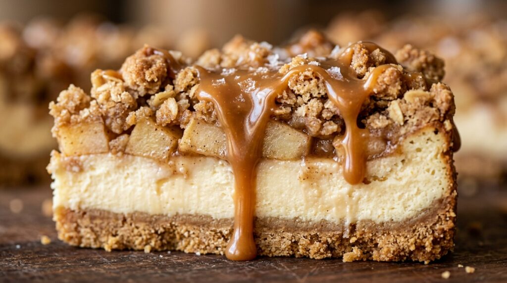 Ultra close-up macro of sliced caramel apple crumble cheesecake bars with golden graham crust, spiced apples, oat streusel, and dripping salted caramel