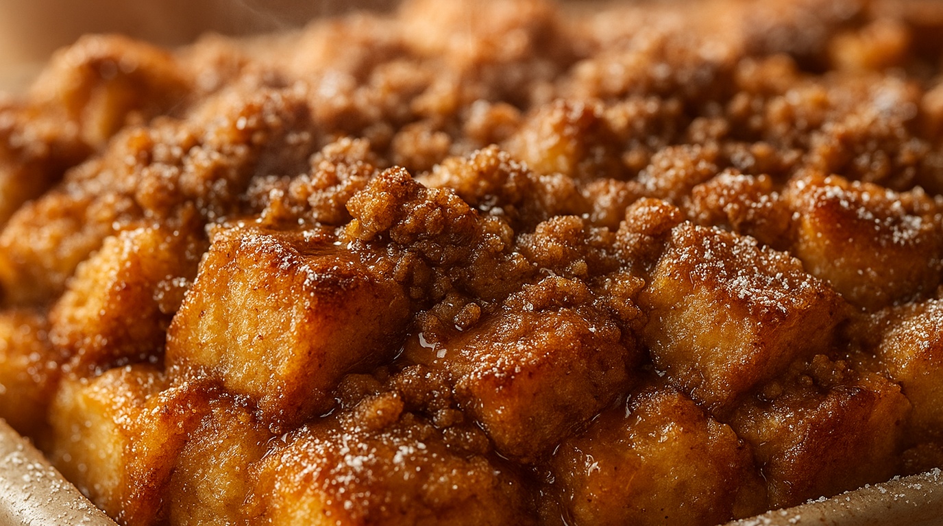 Ultra close-up macro of Cozy Apple Cider French Toast Bake fresh out of the oven