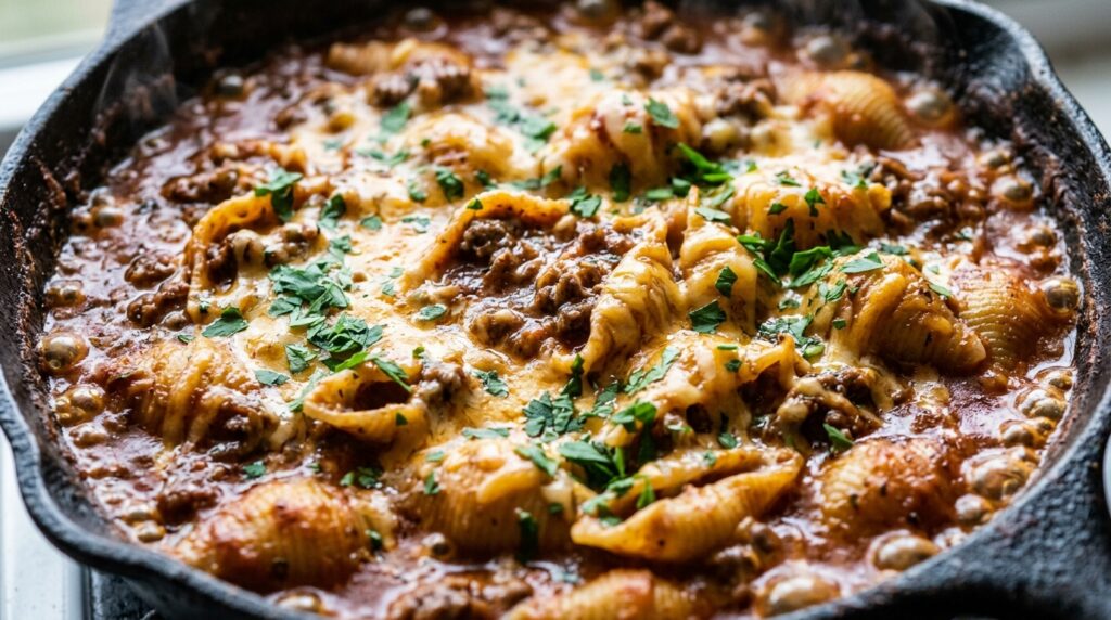 Ultra close-up macro of one-pot creamy beef and shells pasta bubbling with melted cheddar cheese in cast iron skillet