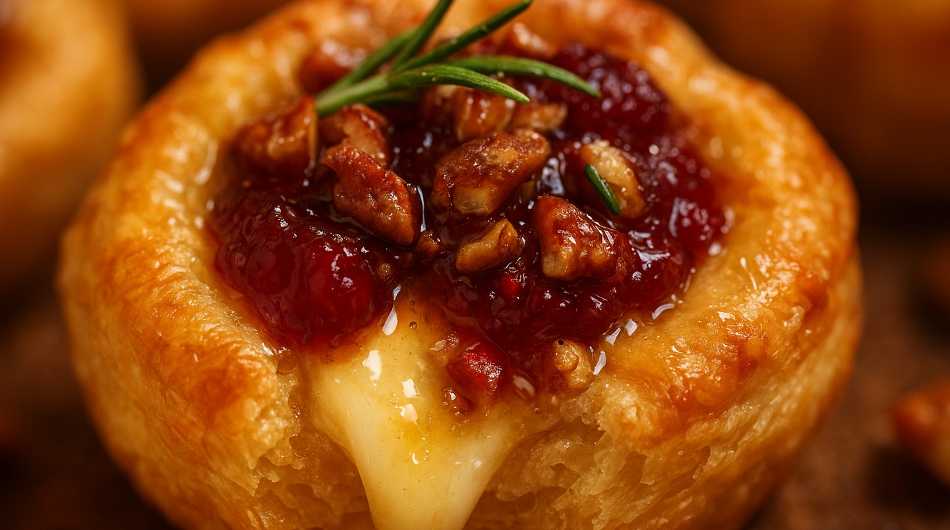 Ultra close-up macro of freshly baked Cranberry Pecan Brie Puff Pastry Bites with molten cheese and pecans