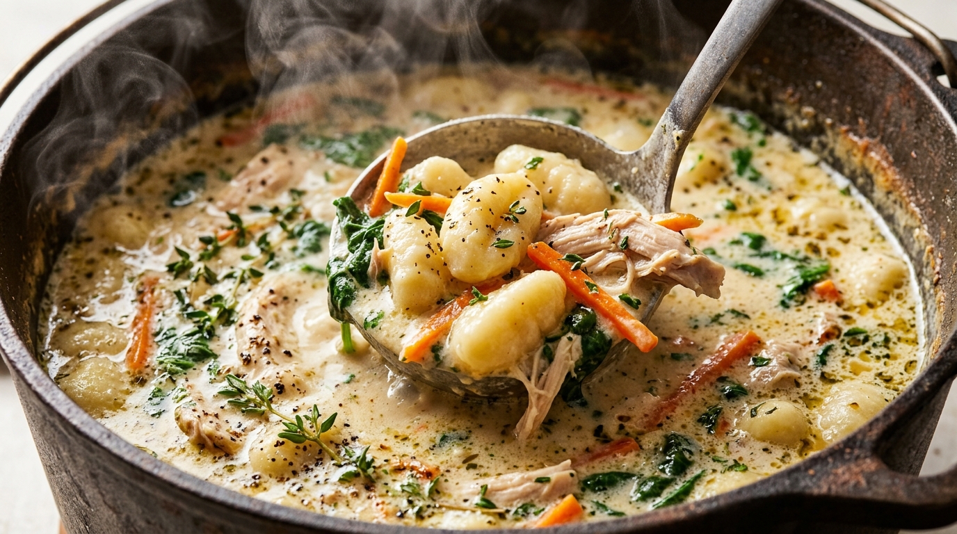 Ultra close-up macro of creamy chicken and gnocchi soup with tender chicken, pillowy potato gnocchi, and fresh baby spinach in Dutch oven