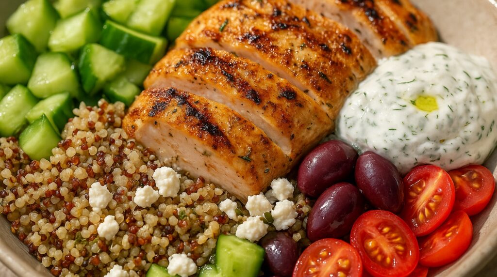 Ultra close-up macro of sliced lemon herb grilled chicken over quinoa grain bowl with cucumbers, olives, and tzatziki