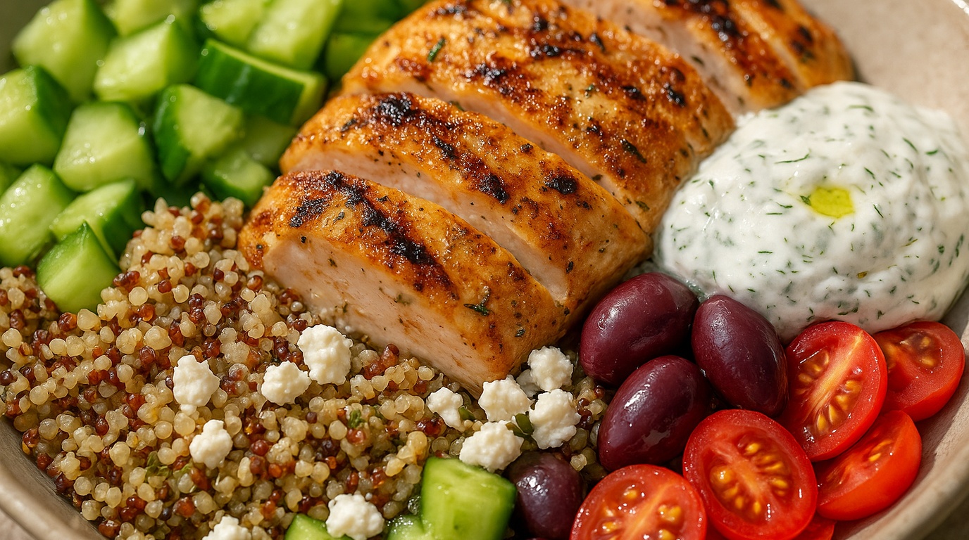 Ultra close-up macro of Mediterranean Lemon Herb Chicken Grain Bowl with quinoa and tzatziki