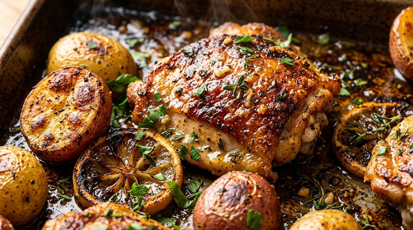 Ultra close-up macro of crispy golden lemon herb chicken thighs and roasted baby potatoes sizzling on sheet pan with caramelized lemon slices