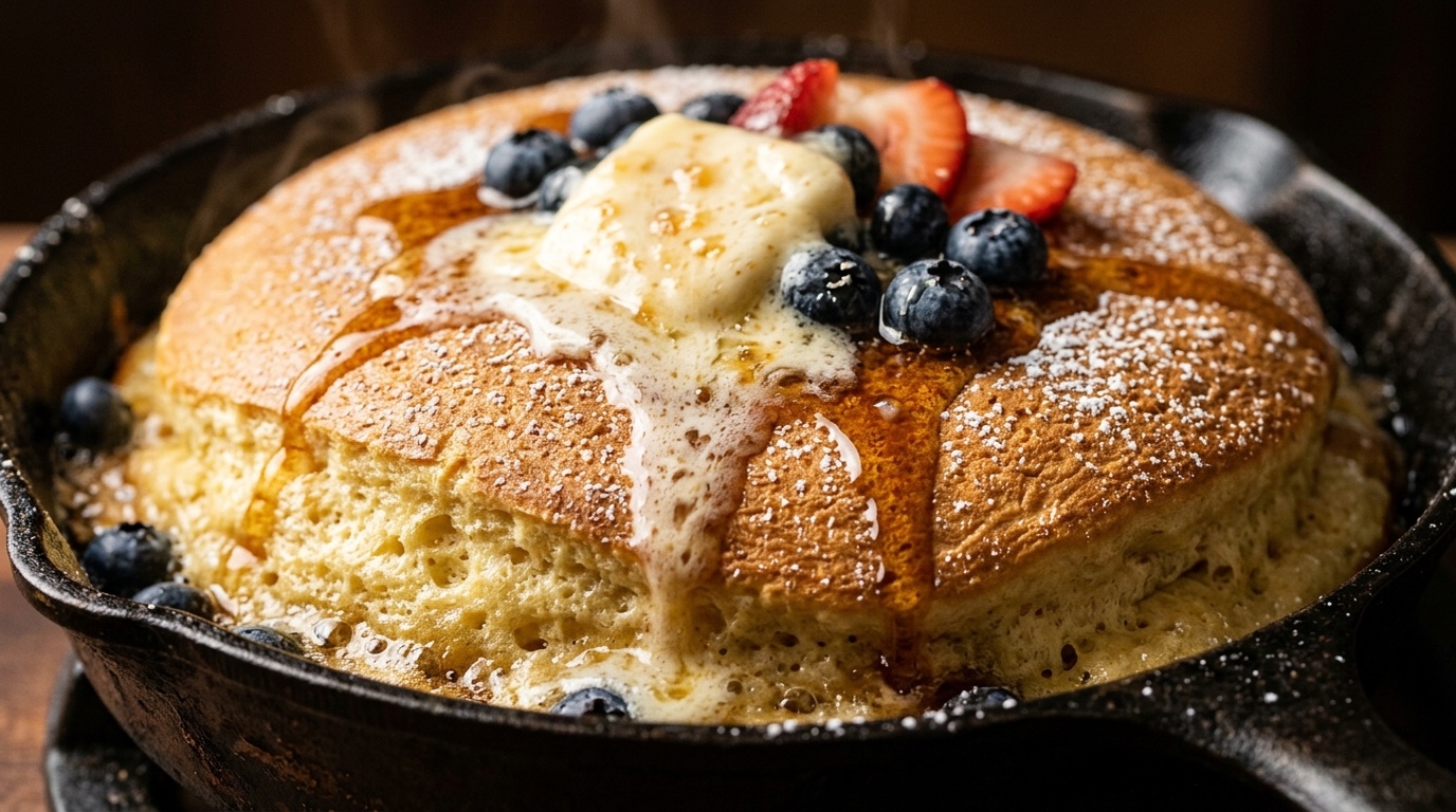 Ultra close-up macro of Extra Fluffy Buttermilk Pancake Skillet with golden soufflé dome, melting maple butter, and fresh berries
