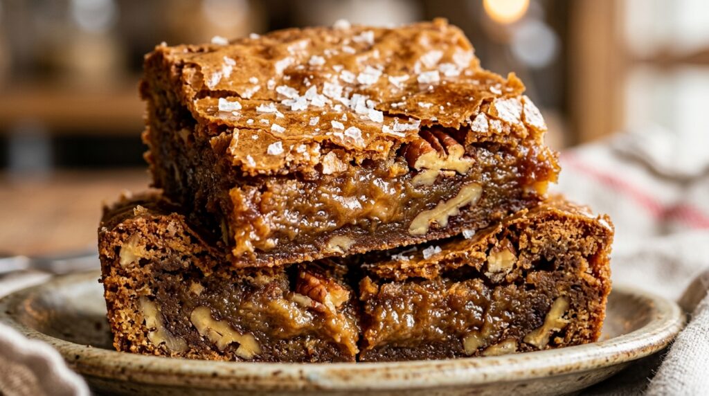 Ultra close-up macro of Chewy Brown Butter Pecan Blondies with crackly shiny top, fudgy center, and flaky sea salt