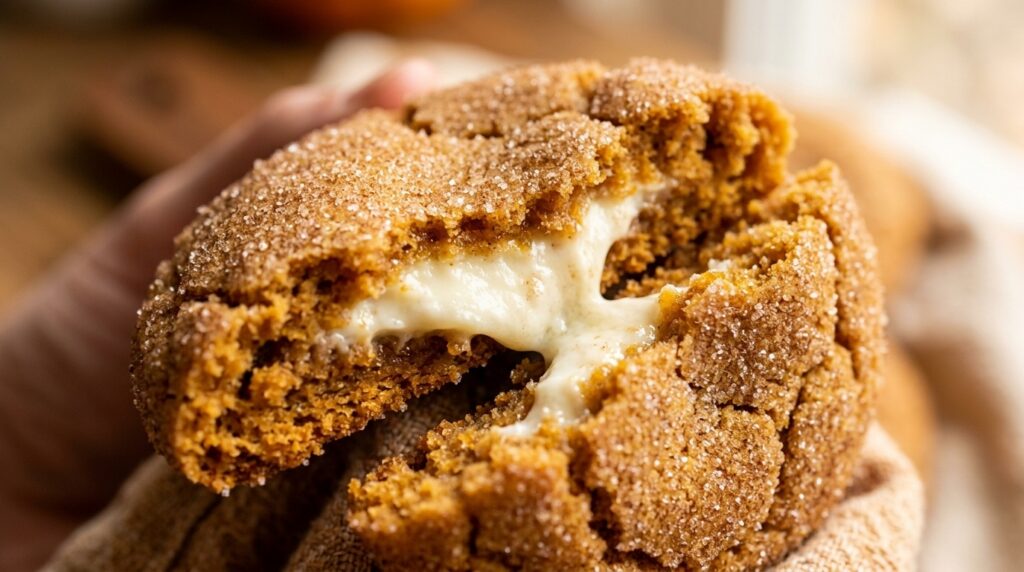 Ultra close-up macro of a broken-open Pumpkin Cream Cheese Stuffed Snickerdoodle with luscious cheesecake center