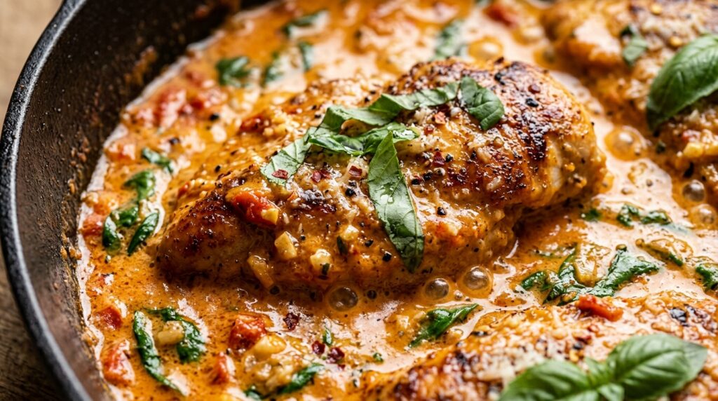 Ultra close-up macro of golden seared chicken breast cutlets simmering in velvety roasted red pepper cream sauce in cast iron skillet