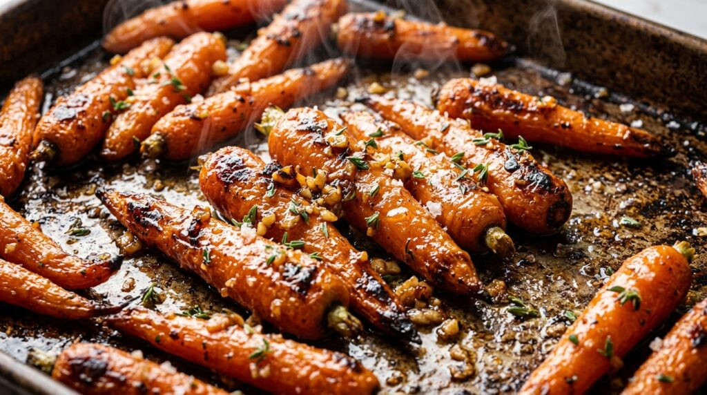 Ultra close-up macro of honey garlic butter roasted carrots caramelized on baking sheet with fresh thyme and flaky sea salt
