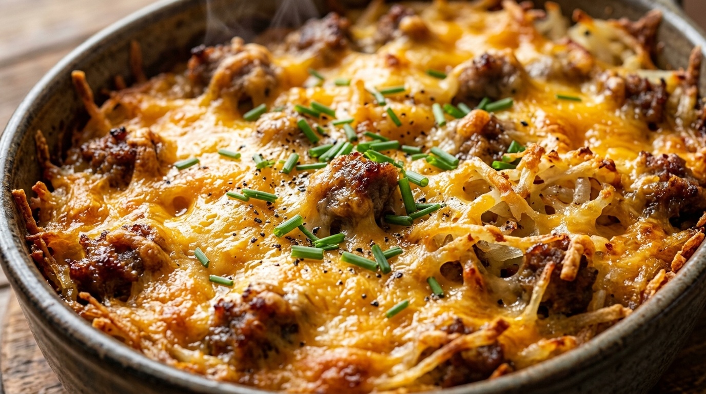 Ultra close-up macro of bubbling golden Cheesy Beef Sausage and Hashbrown Casserole fresh out of the oven