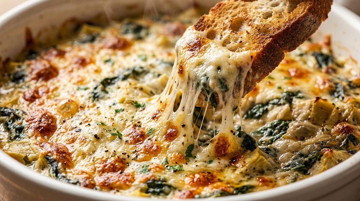 Ultra close-up macro of bubbling golden-brown Classic Warm Creamy Spinach Artichoke Dip with cheese pull