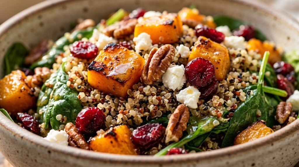 Ultra close-up macro of Warm Butternut Squash and Quinoa Salad with maple roasted squash, baby spinach, cranberries, and feta
