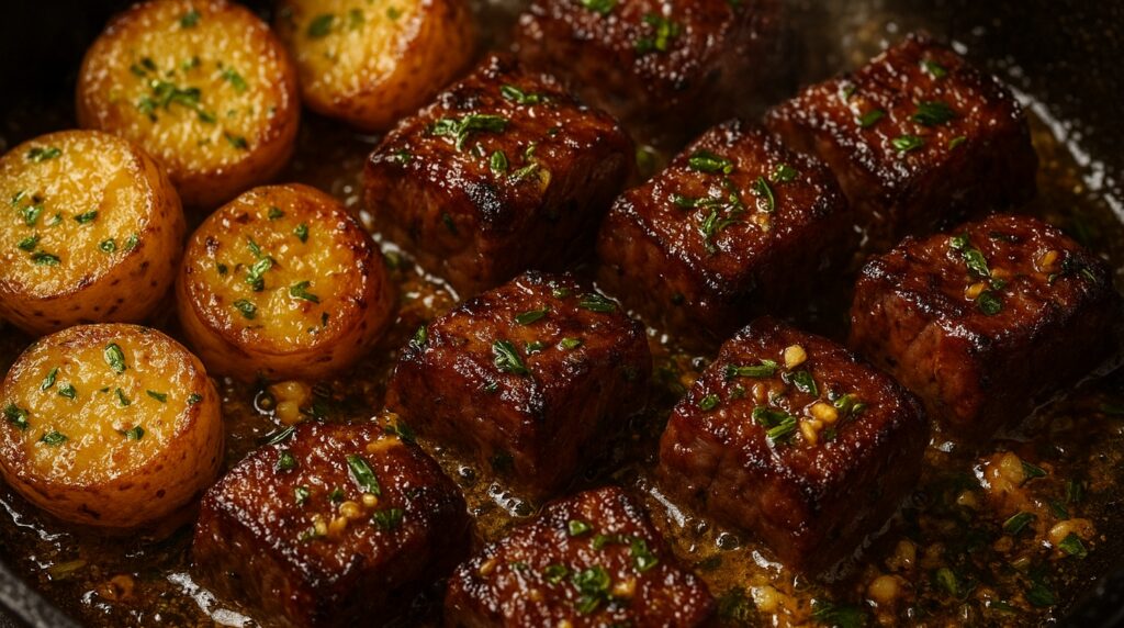 Ultra close-up macro of sizzling garlic butter steak bites and crispy golden potatoes in cast iron skillet