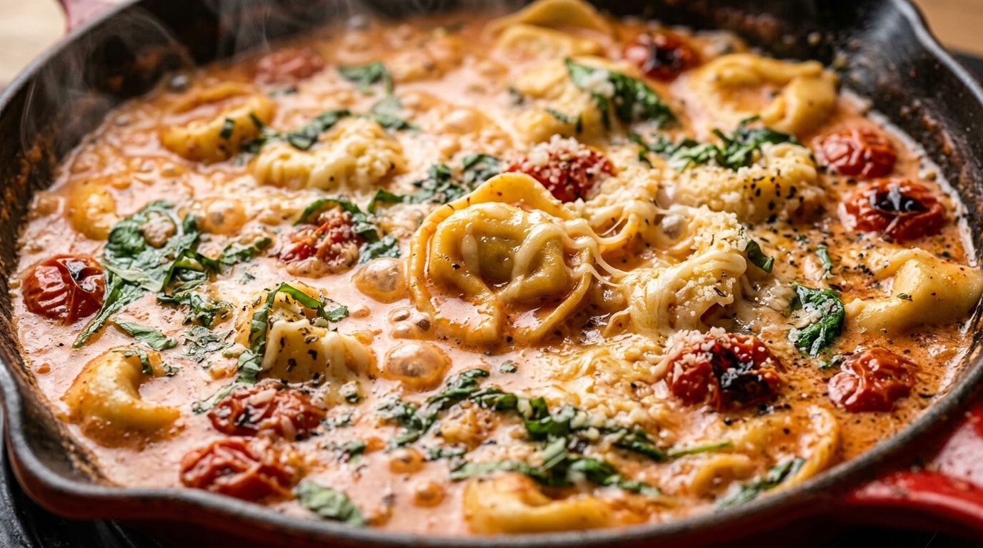 Ultra close-up macro of One-Pot Creamy Tomato Basil Tortellini bubbling in skillet with melted cheese and fresh basil