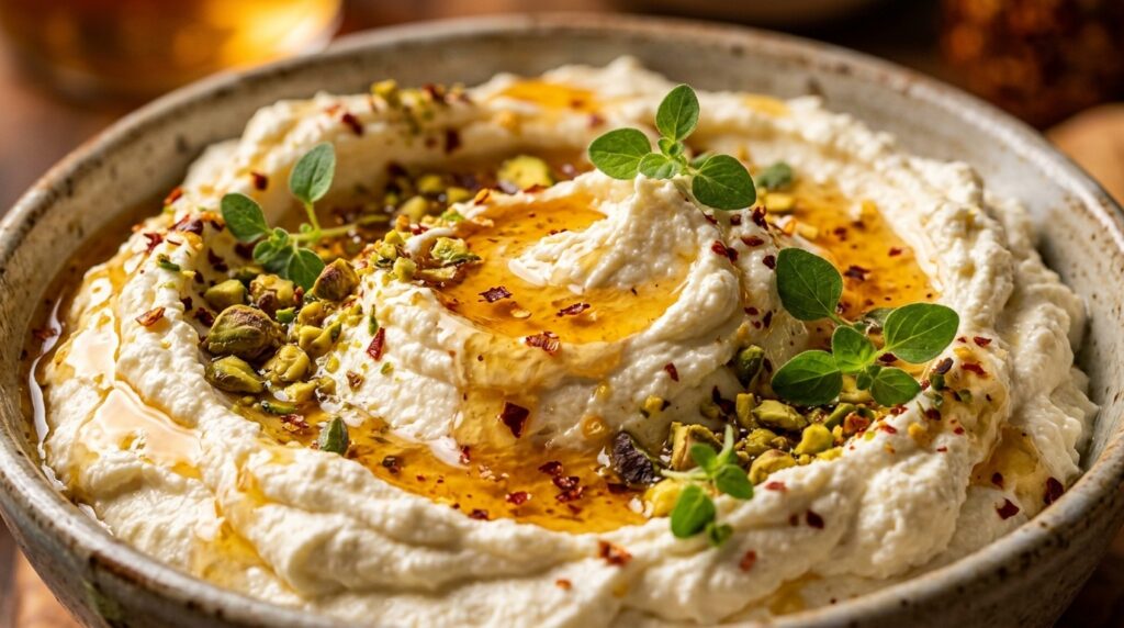 Ultra close-up macro of creamy Hot Honey Garlic Whipped Feta Dip with spicy chili honey, roasted pistachios, and fresh oregano