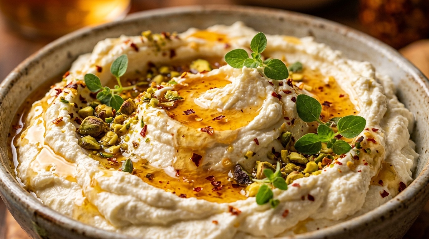 Ultra close-up macro of creamy Hot Honey Garlic Whipped Feta Dip with spicy chili honey, roasted pistachios, and fresh oregano