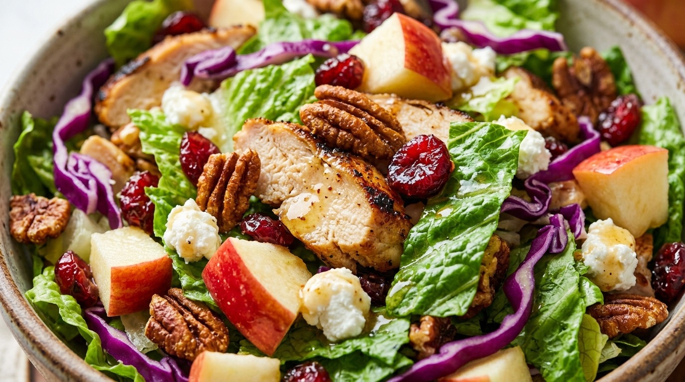 Ultra close-up macro of autumn harvest chopped apple pecan chicken salad with grilled chicken and maple cider dressing