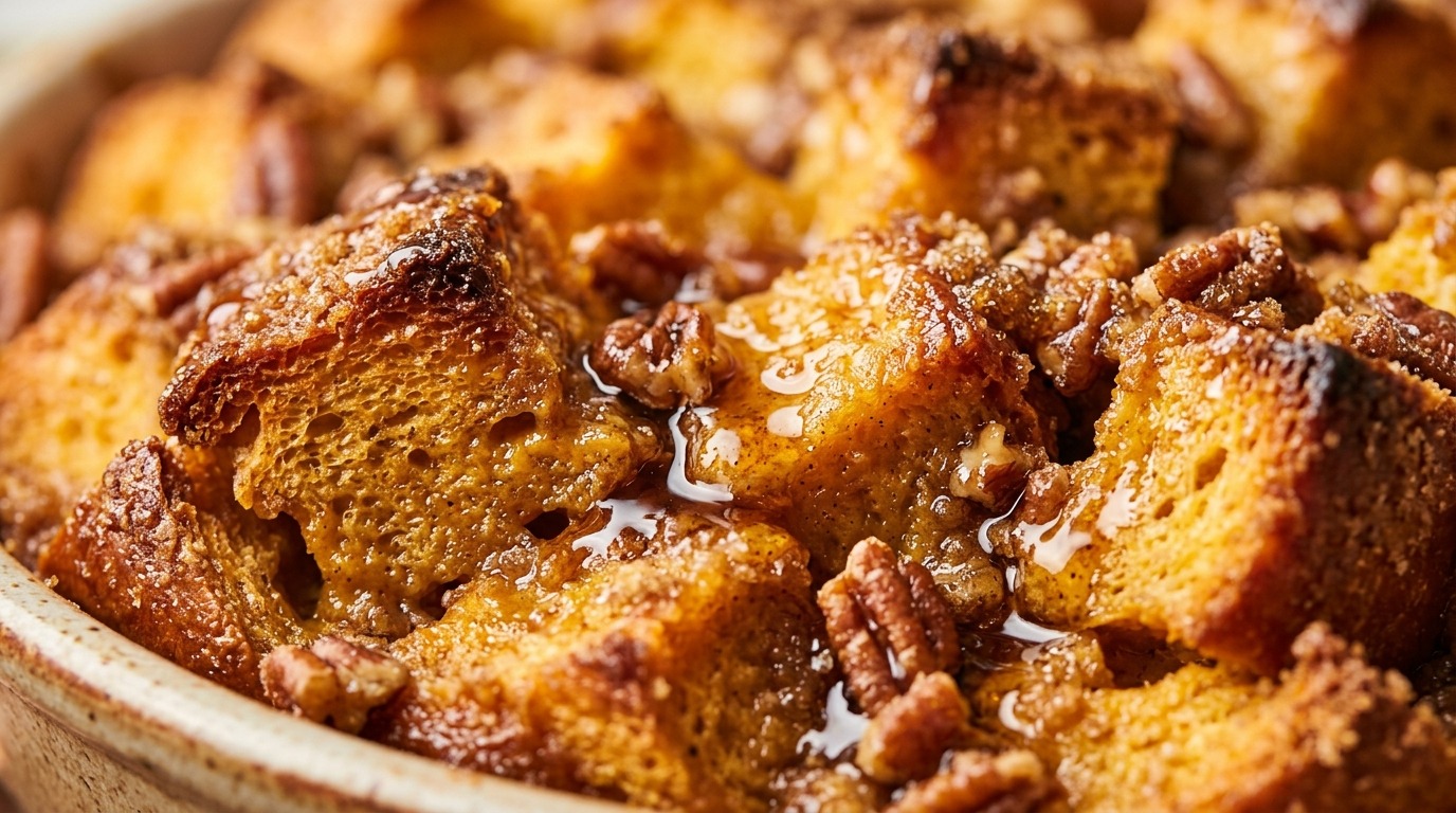 Ultra close-up macro of baked pumpkin brioche French toast casserole with crunchy pecan streusel and maple syrup