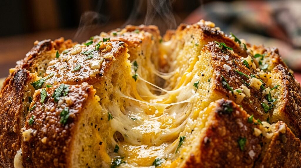 Ultra close-up macro of bubbling cheesy garlic pull apart bread