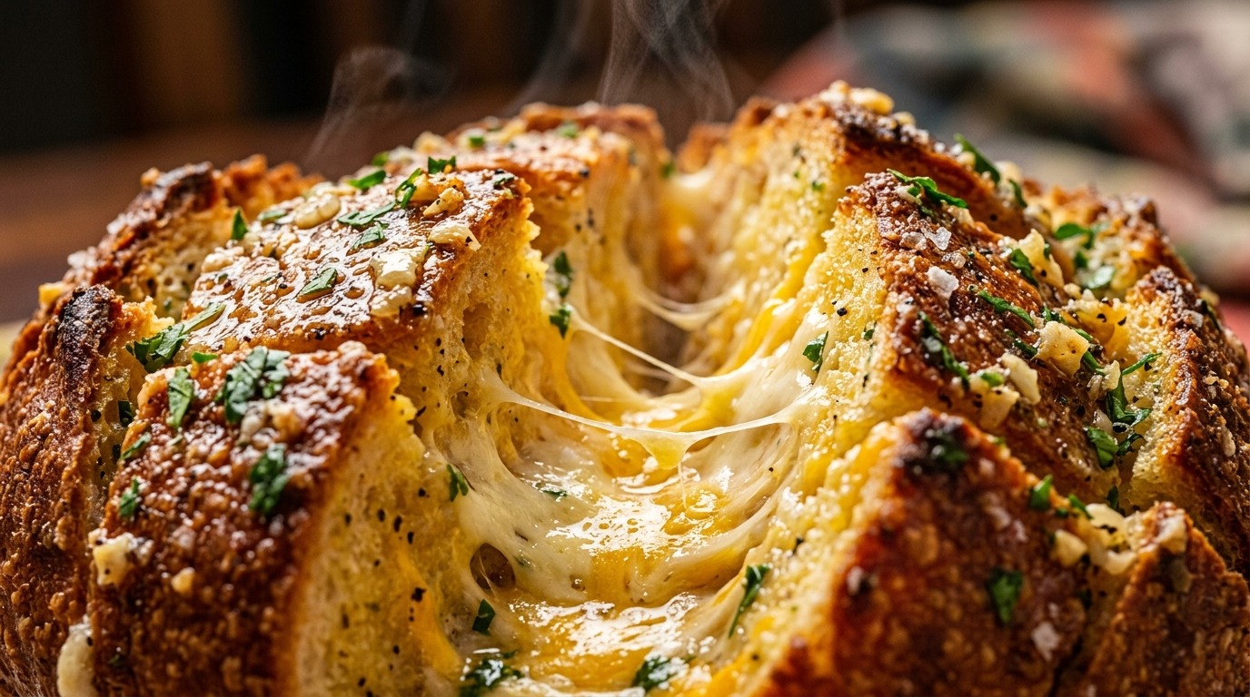 Ultra close-up macro of bubbling cheesy garlic pull apart bread with molten melted mozzarella and garlic herb butter