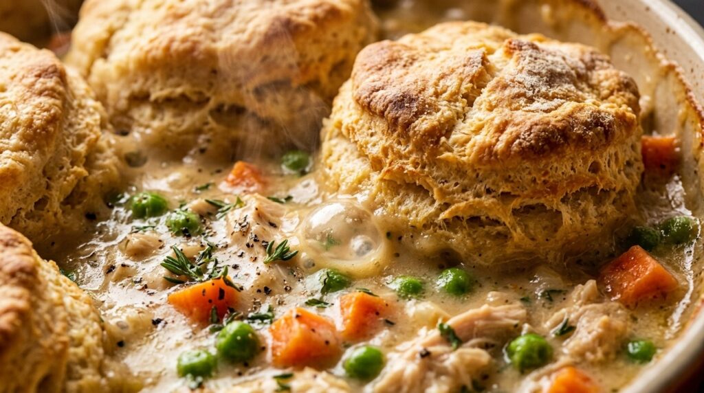 Ultra close-up macro of bubbling chicken pot pie casserole with golden buttermilk biscuits