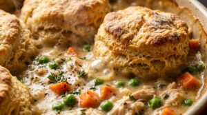 Ultra close-up macro of bubbling chicken pot pie casserole with golden buttermilk biscuits