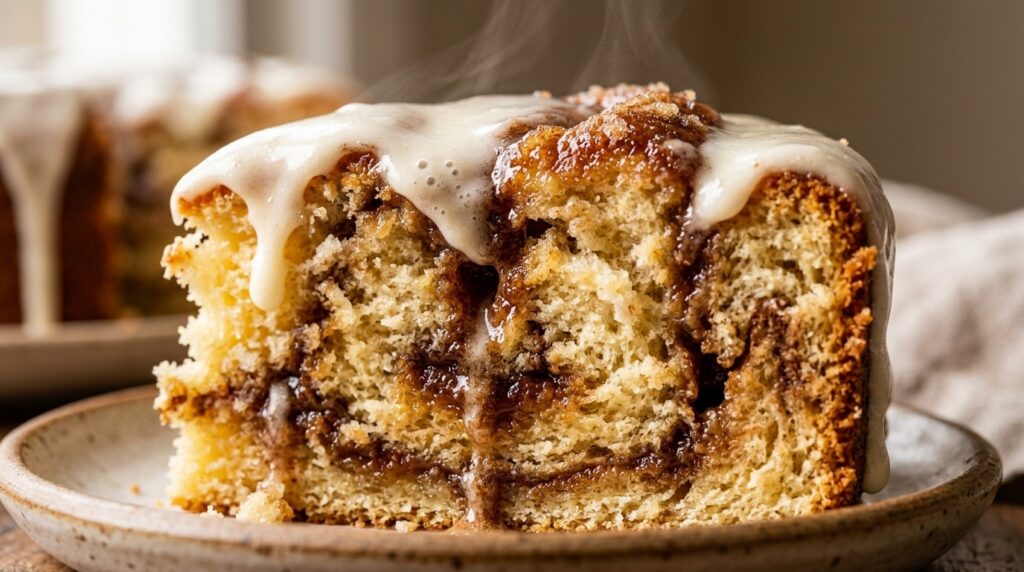 Ultra close-up macro of warm cinnamon roll cake slice with melting cream cheese glaze and cinnamon swirls