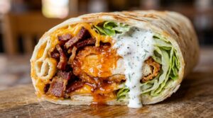 Ultra close-up macro of crispy buffalo chicken wrap with bacon, cheddar, and dripping buttermilk ranch