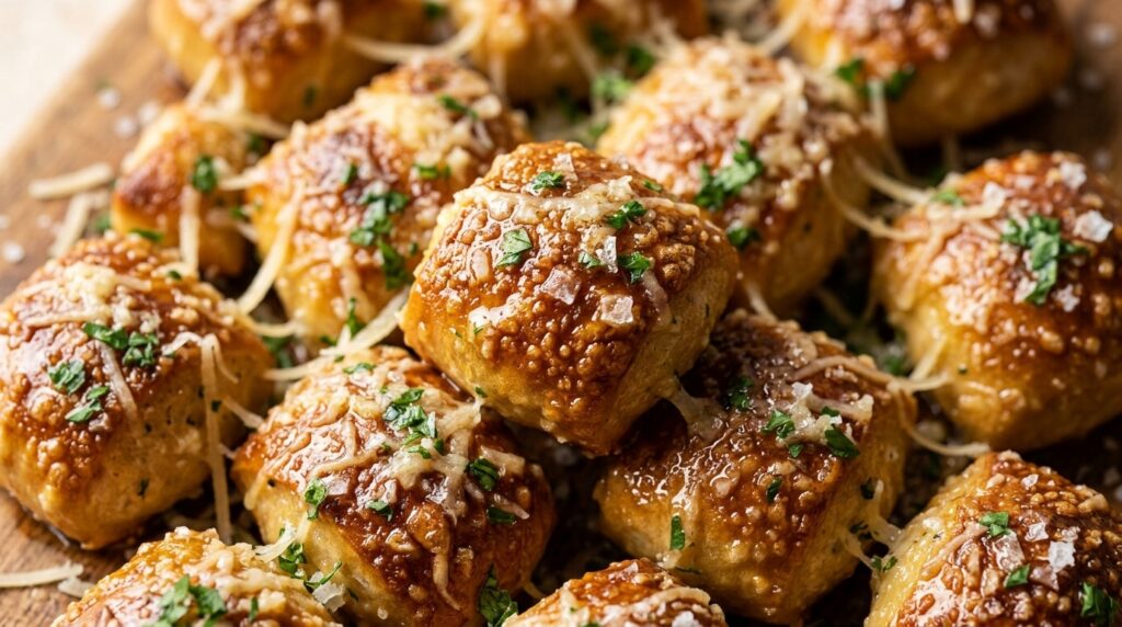 Ultra close-up macro food photography of golden garlic butter parmesan pretzel bites