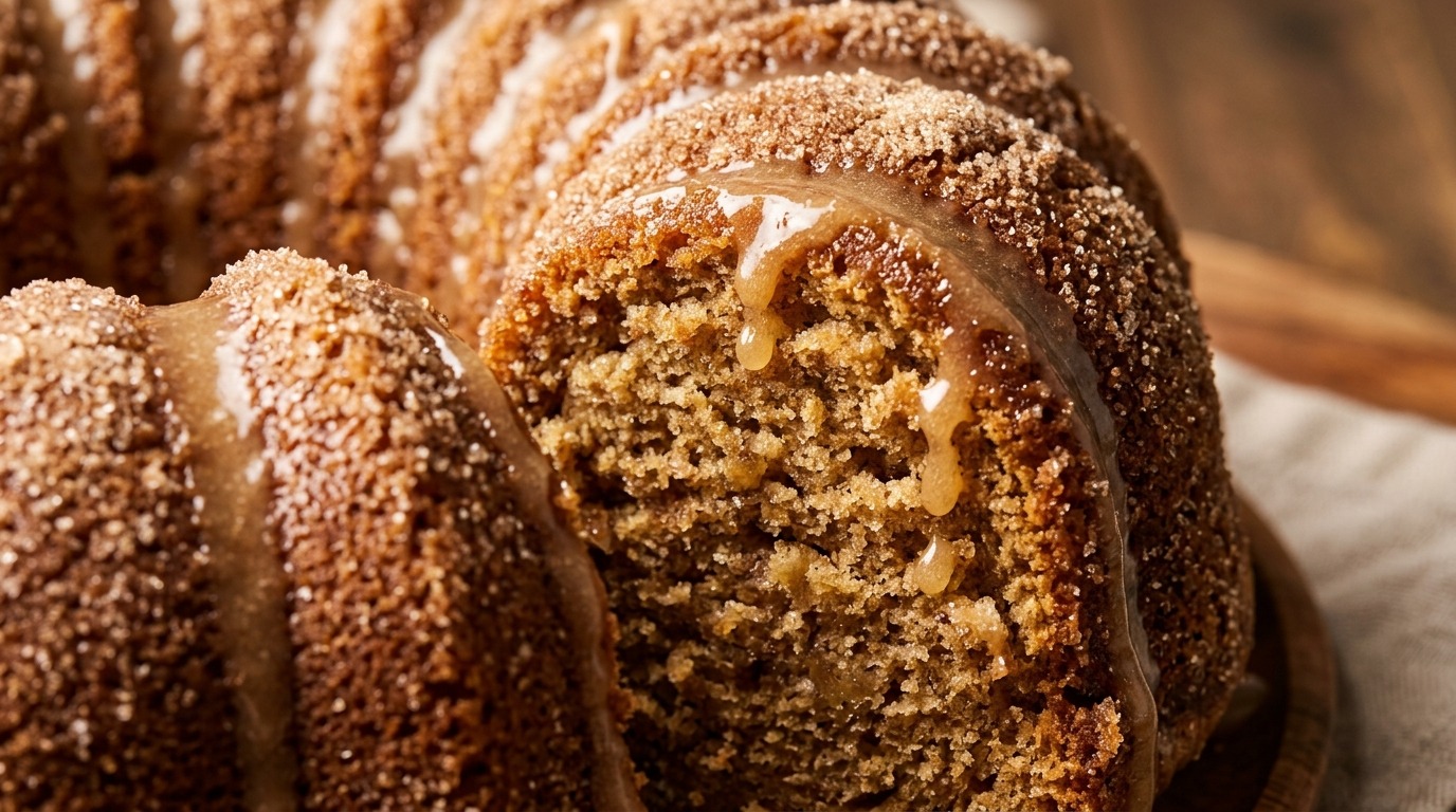 Ultra close-up macro of glazed apple cider donut bundt cake with cinnamon sugar crust and cider glaze