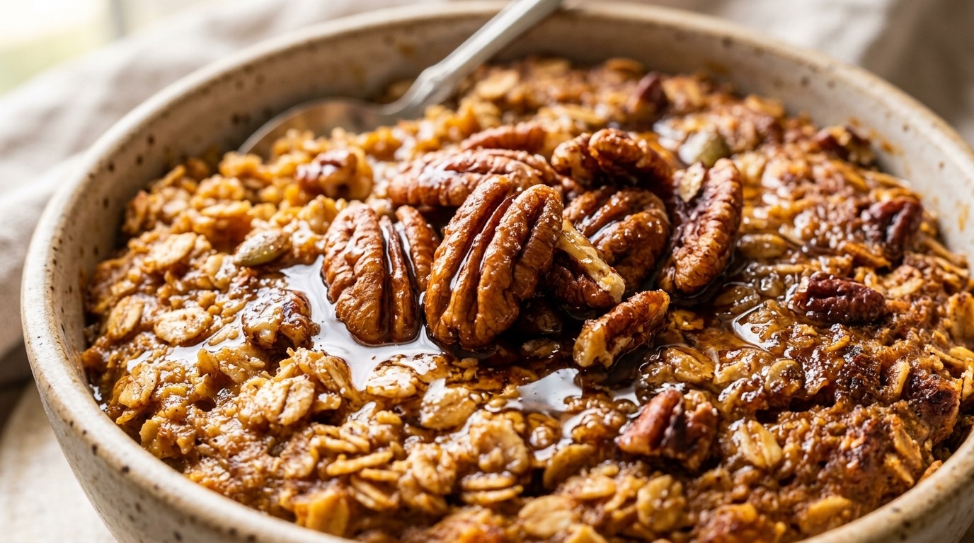 Ultra close-up macro of warm maple pecan pumpkin baked oatmeal with golden toasted pecans and maple drizzle