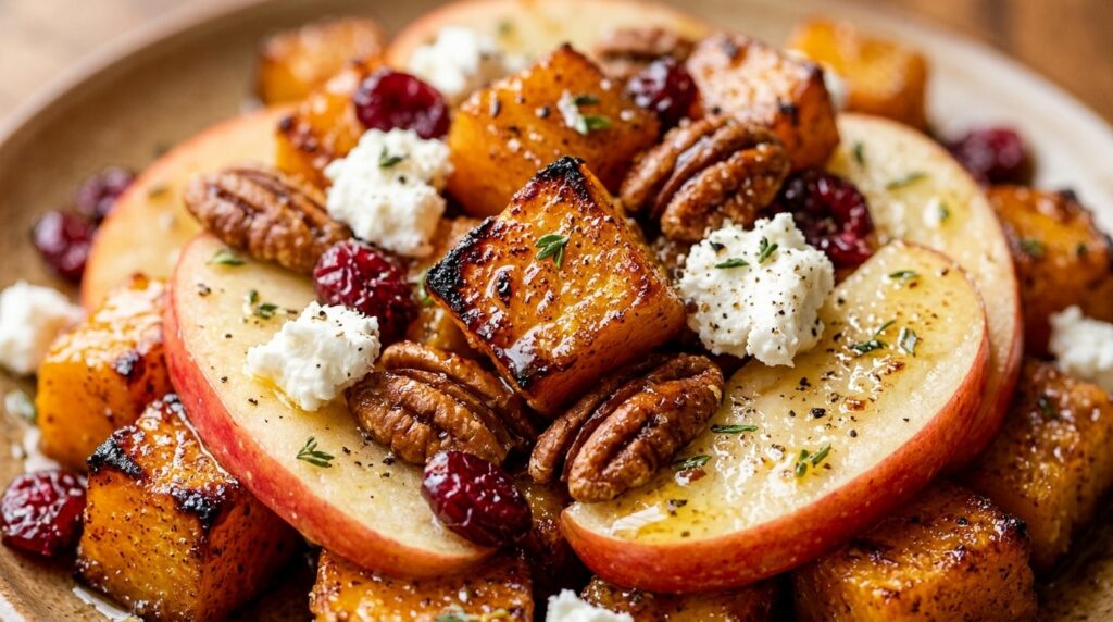 Ultra close-up macro food photography of roasted butternut squash and apple harvest salad