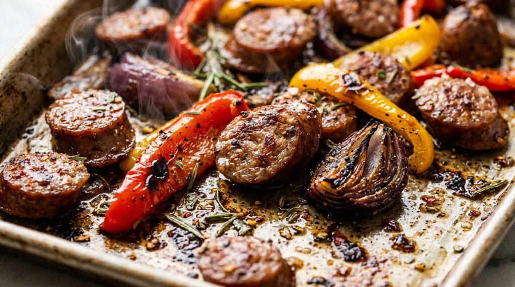 Ultra close-up macro of sizzling oven-roasted Italian beef sausage and peppers on a baking sheet
