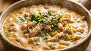 Ultra close-up macro food photography of slow cooker creamy white chicken chili