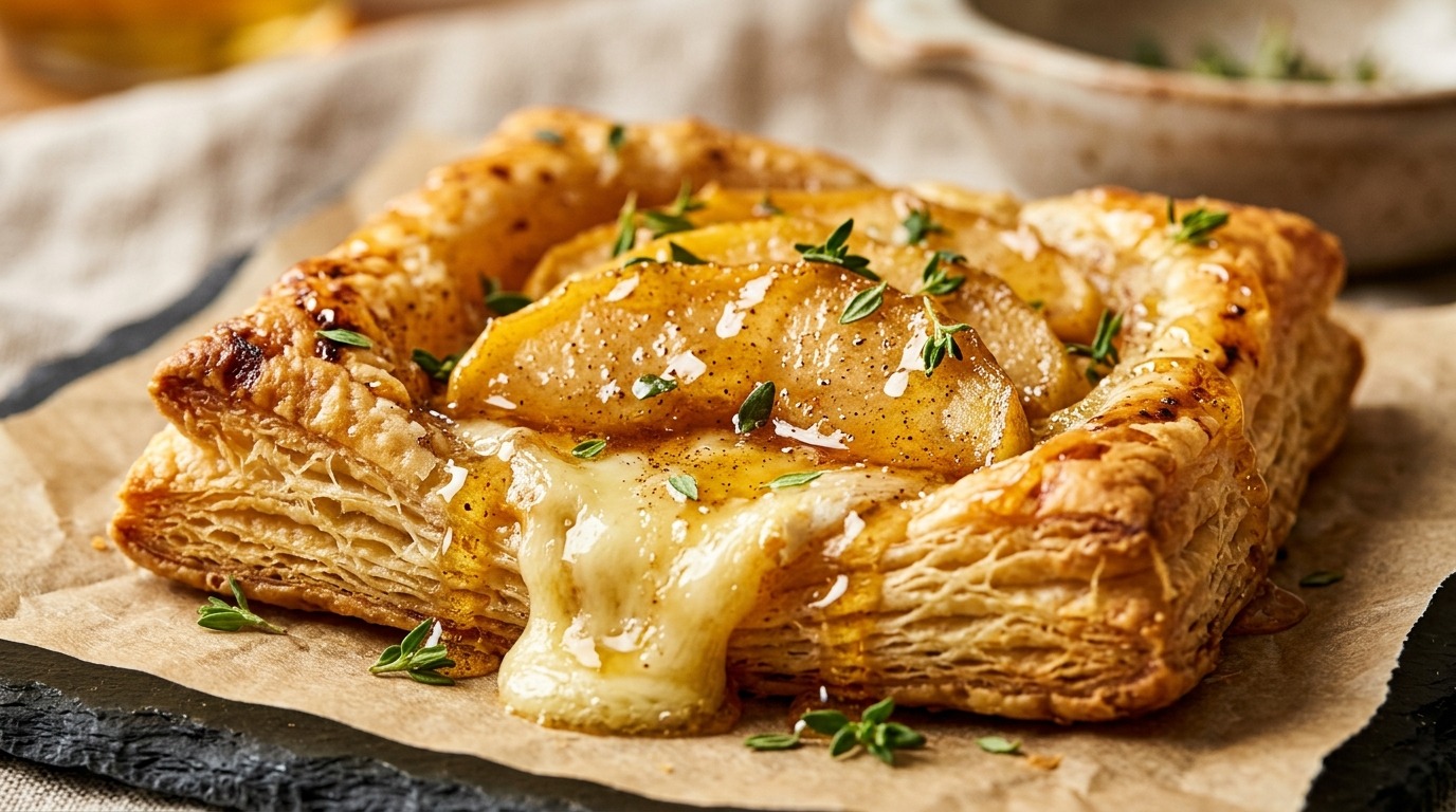 Ultra close-up macro of warm golden puff pastry apple brie tartlets with melted French brie and honey