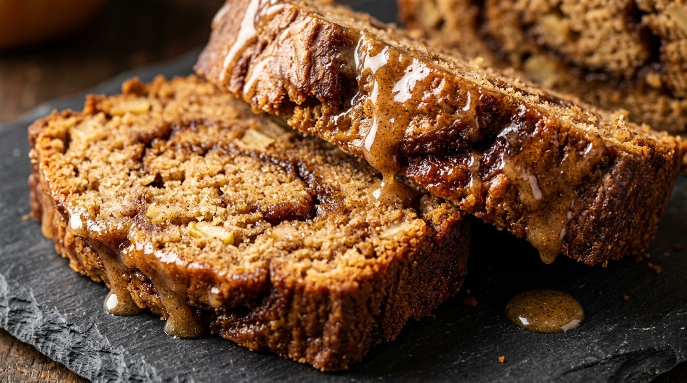 Ultra close-up macro of glazed cinnamon swirl apple cider bread thick slices on slate board with spiced glaze drip