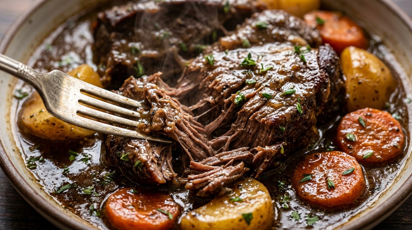 Ultra close-up macro of tender shredded slow cooker beef pot roast with savory garlic herb gravy, carrots, and potatoes