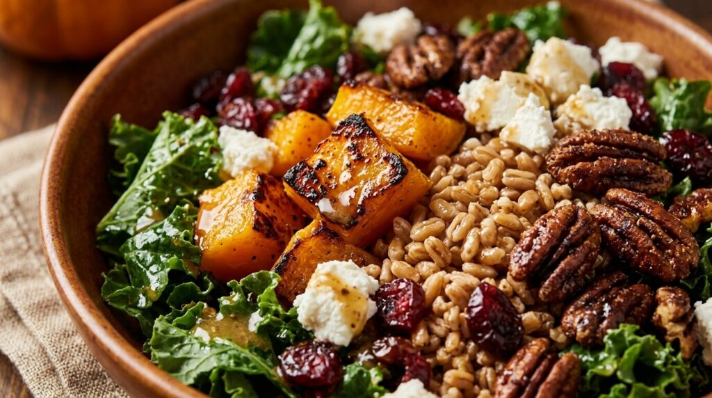 Ultra close-up macro of roasted butternut squash and farro grain bowls with caramelized squash, chewy farro, baby kale, pecans, and goat cheese