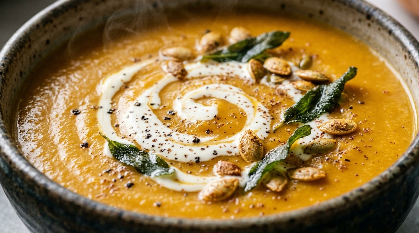 Ultra close-up macro of velvety Silky Roasted Butternut Squash Soup with cream swirl and toasted pepitas