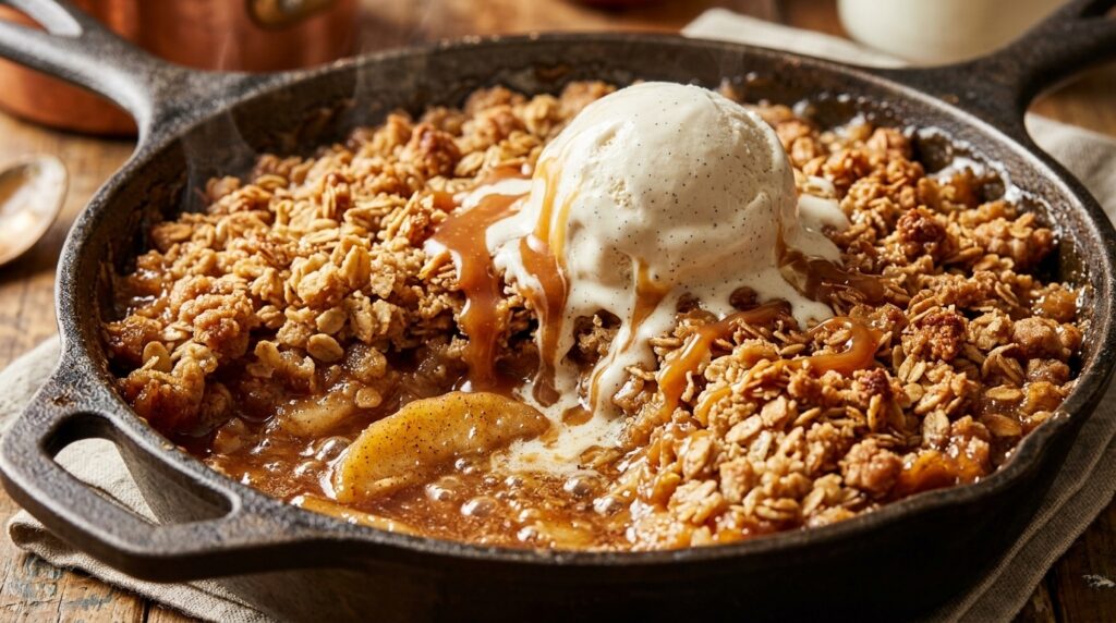 Ultra close-up macro of bubbling warm salted caramel apple crisp in cast iron skillet with crispy oat streusel, melting vanilla ice cream, and caramel drizzle