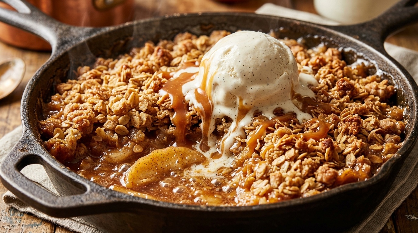 Ultra close-up macro of bubbling warm salted caramel apple crisp in cast iron skillet with crispy oat streusel, melting vanilla ice cream, and caramel drizzle