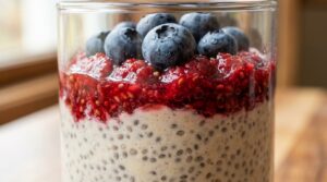 Ultra close-up macro of creamy vanilla chia seed pudding layered with fresh raspberry coulis and blueberries