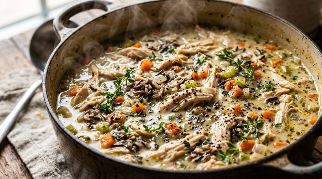 Ultra close-up macro of piping hot creamy chicken and wild rice soup in cast iron Dutch oven with shredded chicken, wild rice, carrots, and fresh thyme