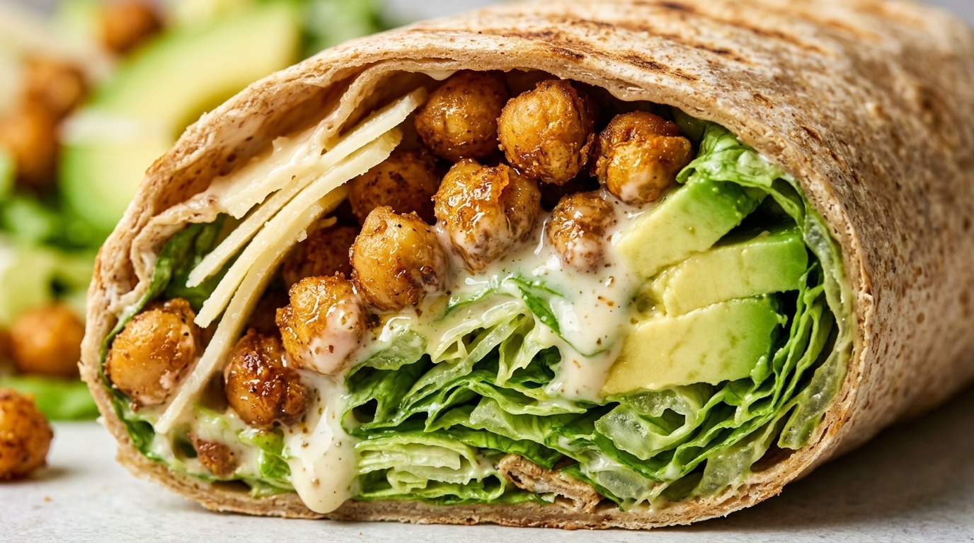 Ultra close-up macro diagonal cross-section of crispy chickpea avocado caesar salad wrap with dripping garlic dressing