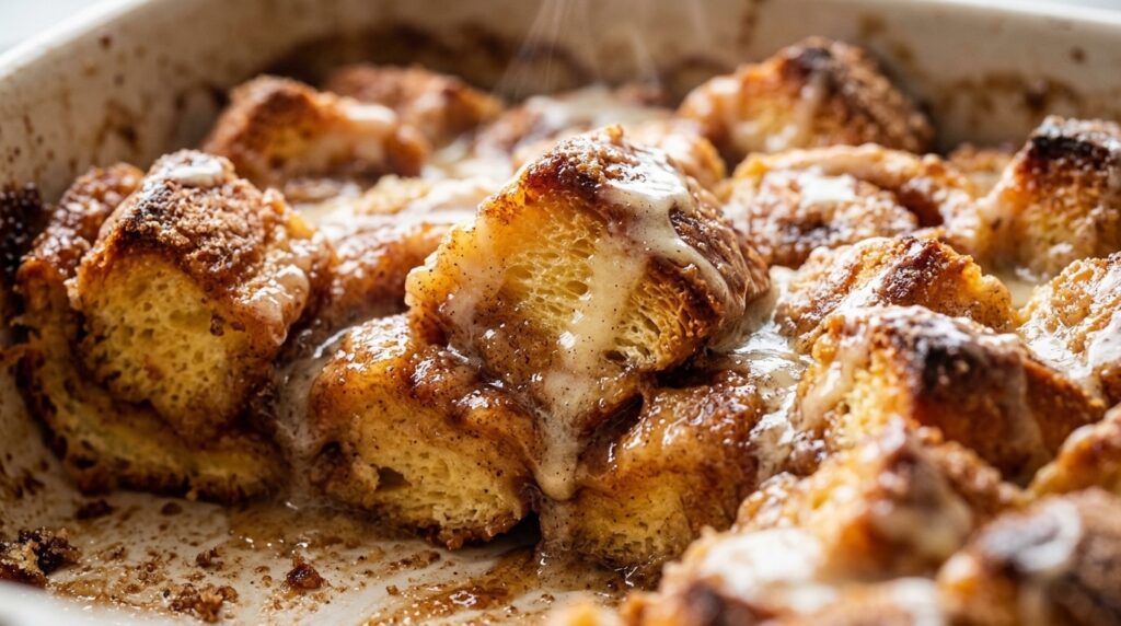 Ultra close-up macro of bubbling cinnamon roll brioche french toast casserole with vanilla cream cheese glaze