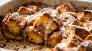 Ultra close-up macro of bubbling cinnamon roll brioche french toast casserole with vanilla cream cheese glaze