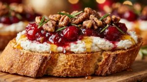 Ultra close-up macro of crispy golden baguette crostini with whipped goat cheese, ruby cranberry compote, candied pecans and warm spiced honey