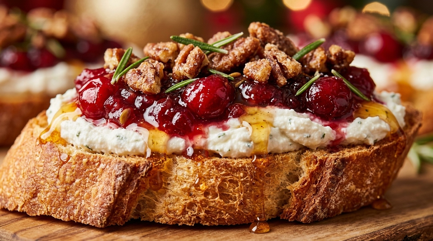 Ultra close-up macro of crispy golden baguette crostini with whipped goat cheese, ruby cranberry compote, candied pecans and warm spiced honey